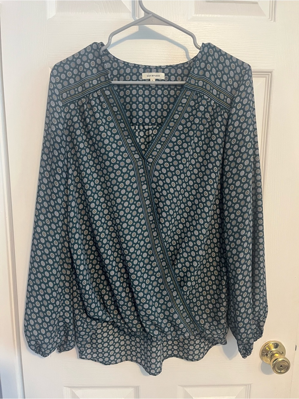 Max Studio Teal Blue Geometric Print Surplice Long-Sleeve Blouse